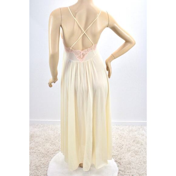 Vintage Annique Wide Sweep Nightgown M Yellow Nylon Pink Lace Criss Cross Straps - Picture 8 of 14